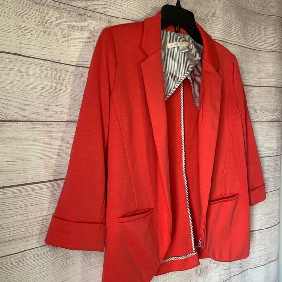 Lauren Conrad Dark Coral Pink Blazer Jacket Open Front Elbow Length Sleeves Sz 4 - Picture 10 of 11